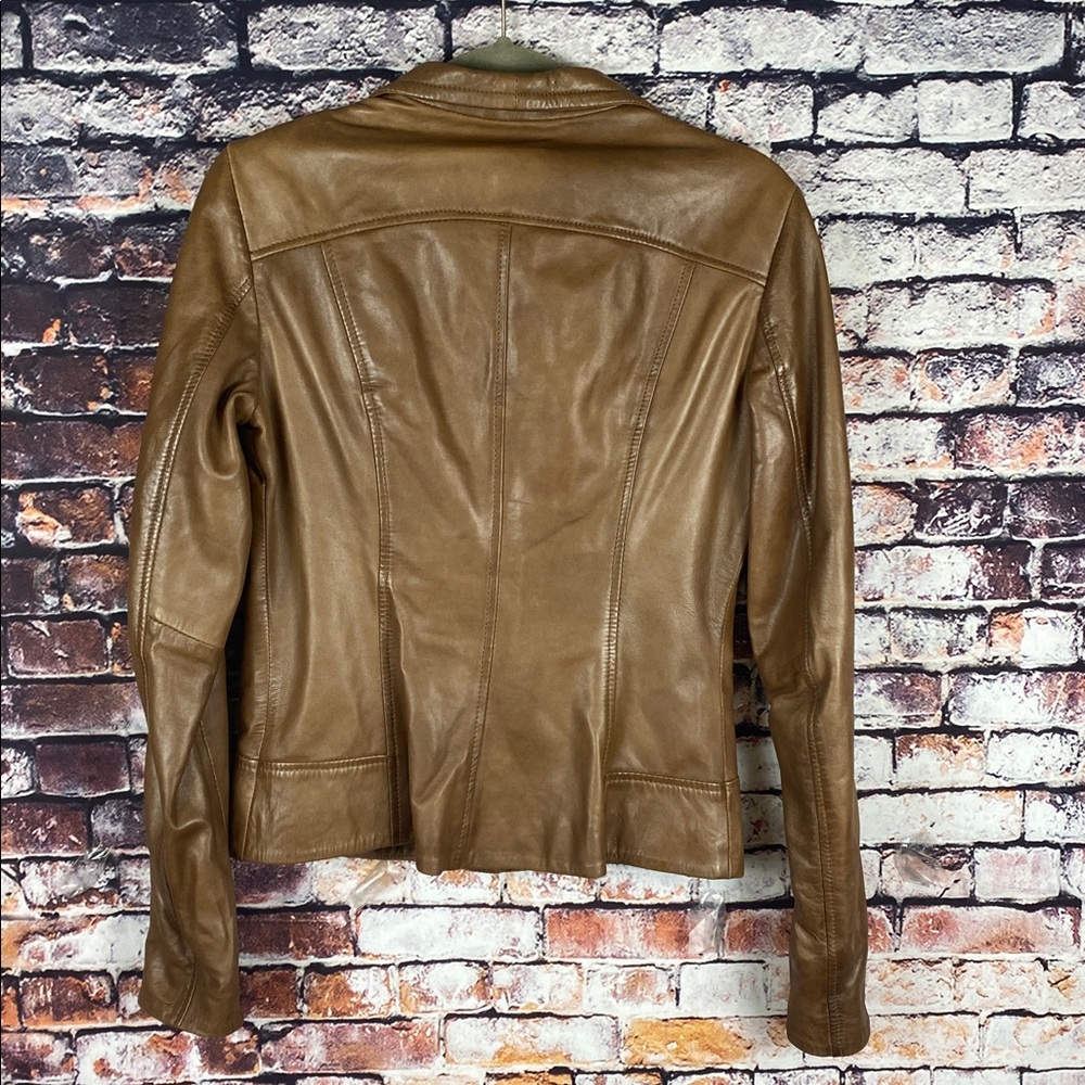 Danier Tan Brown Soft Classic genuine Leather Moto Biker Zip Up Jacket Sz S - Picture 13 of 17